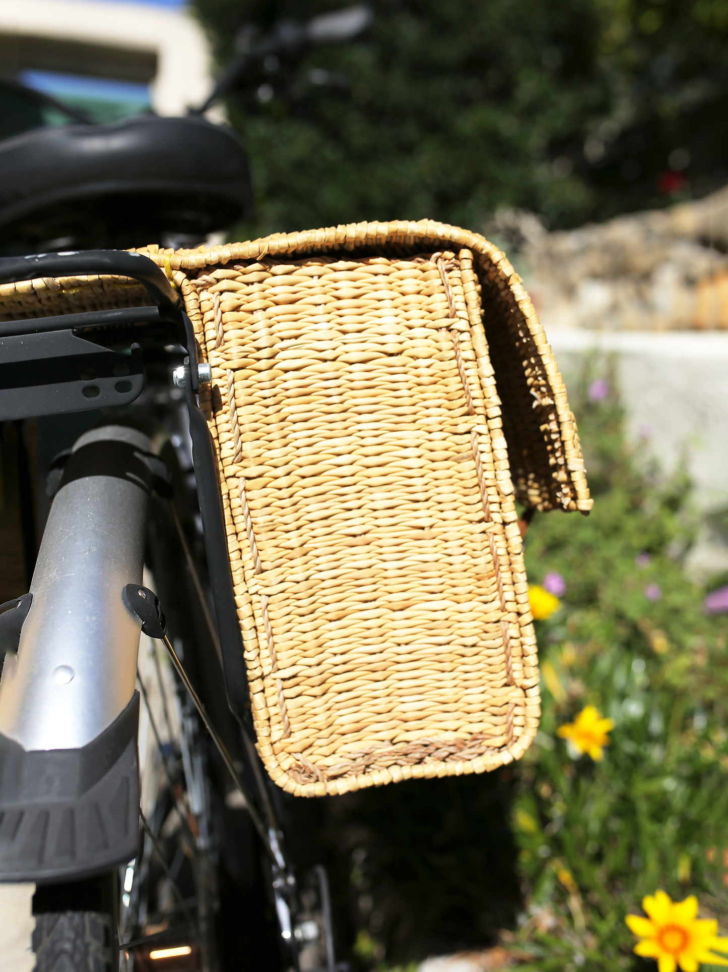 Up close view of Double Panier Bicycle Basket on bike right side