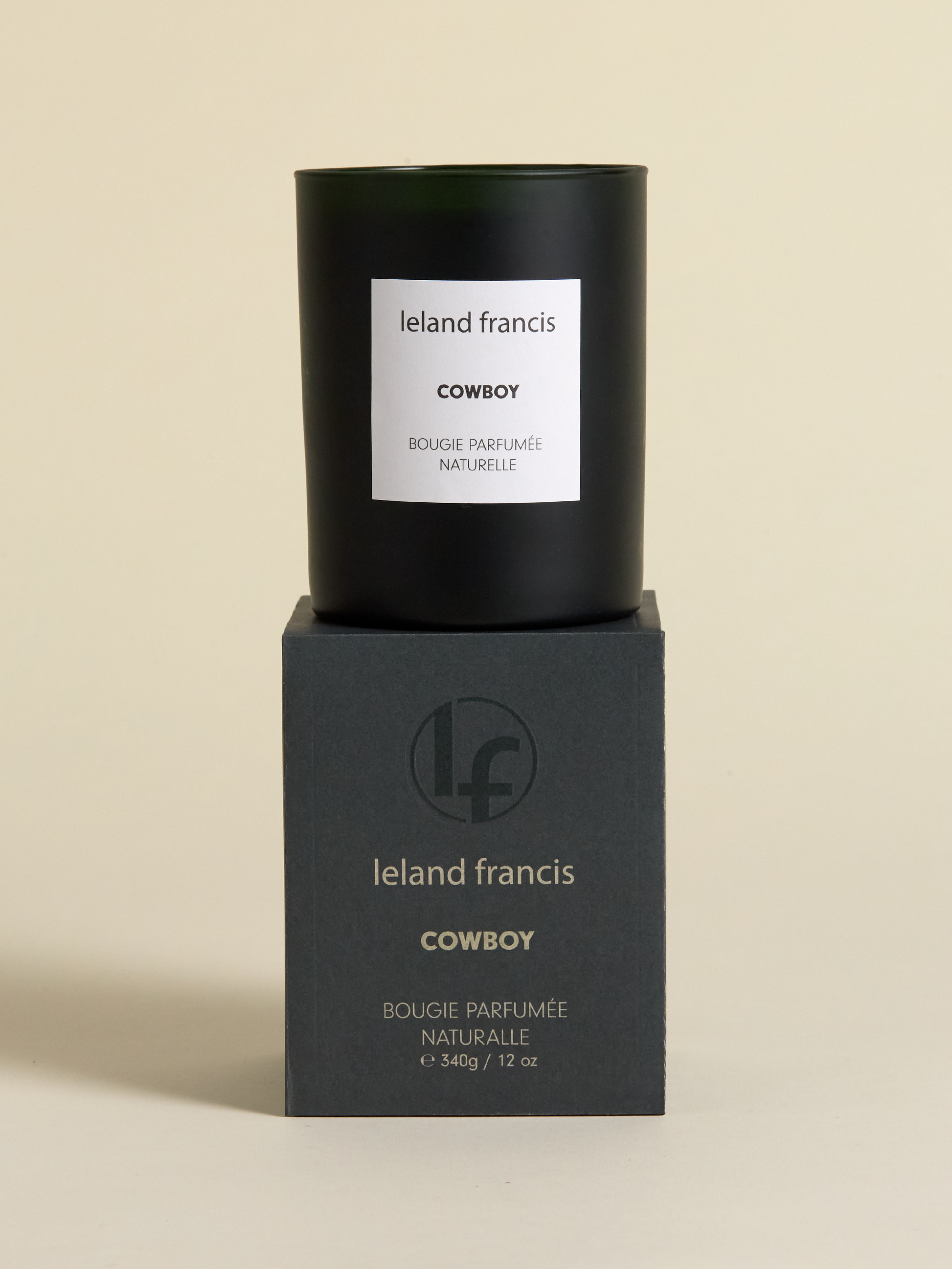 Leland Francis cowboy candle pictured on top of candle box