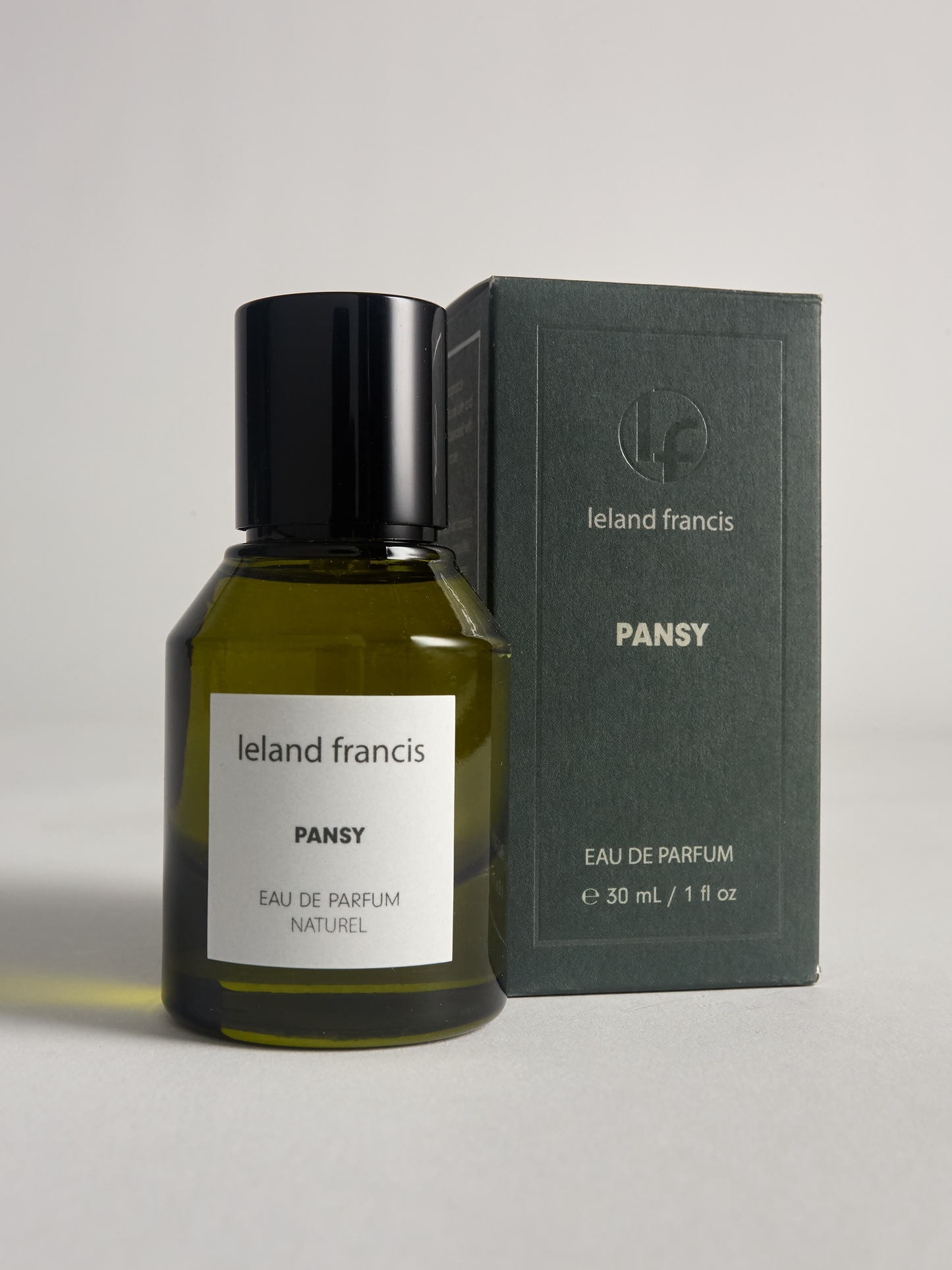 Ieland Francis Pansy eau de parfum bottle and packaging on a light gray background