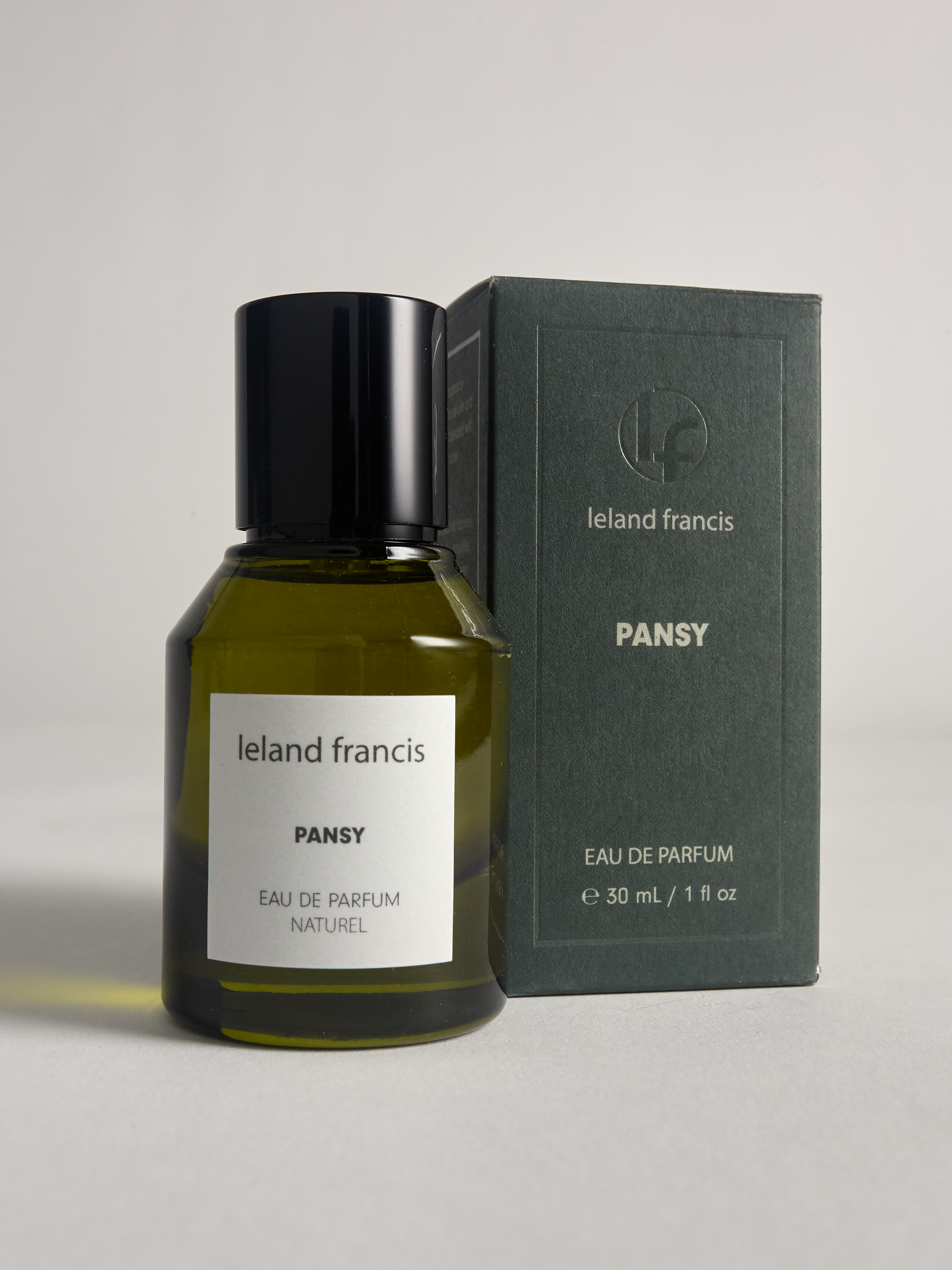 Ieland Francis Pansy eau de parfum bottle and packaging on a light gray background