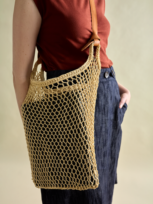 Maguey Tote individual knots that make up the entire bag pictured on model