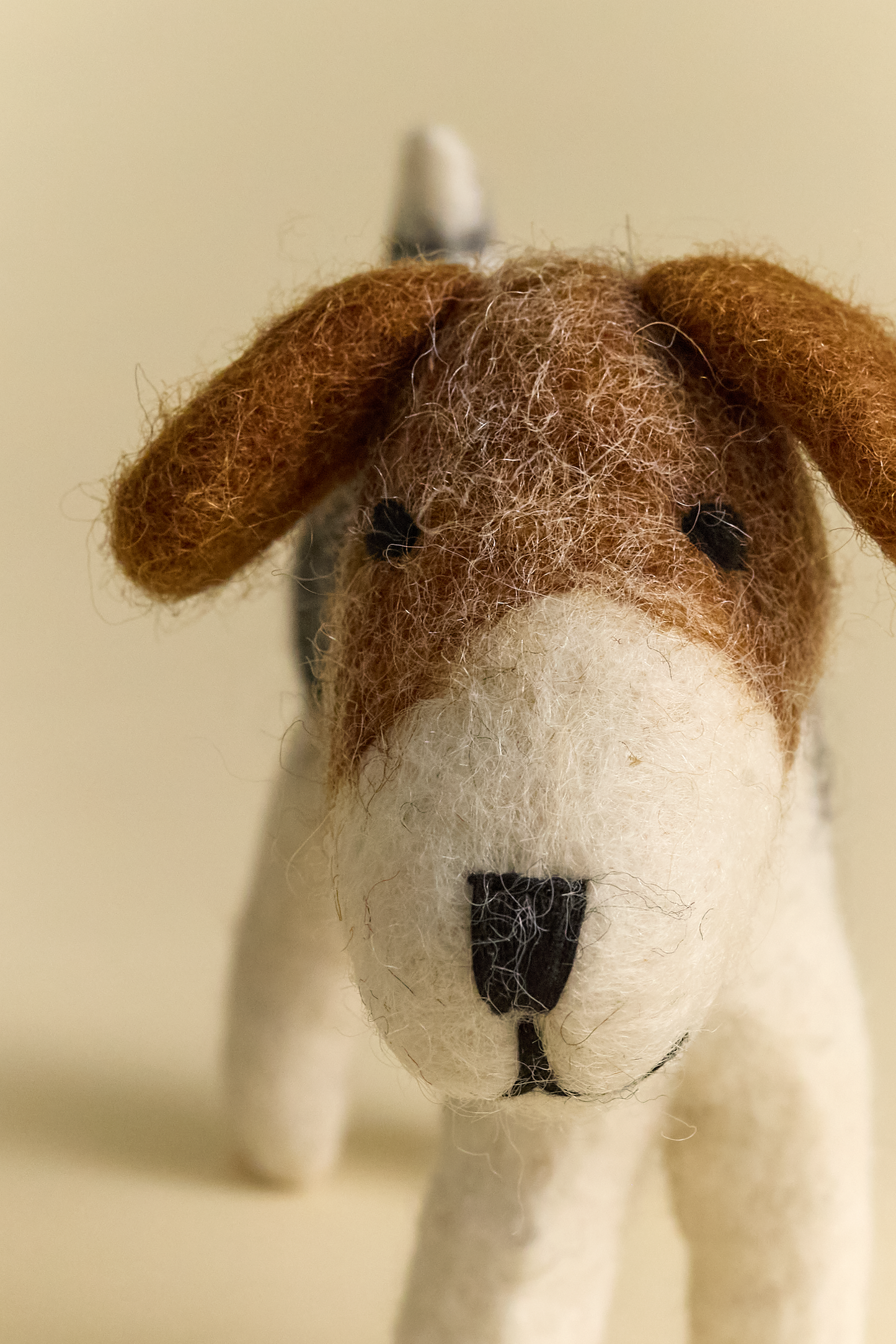 Close up of the nose and eyes of the small felt dog