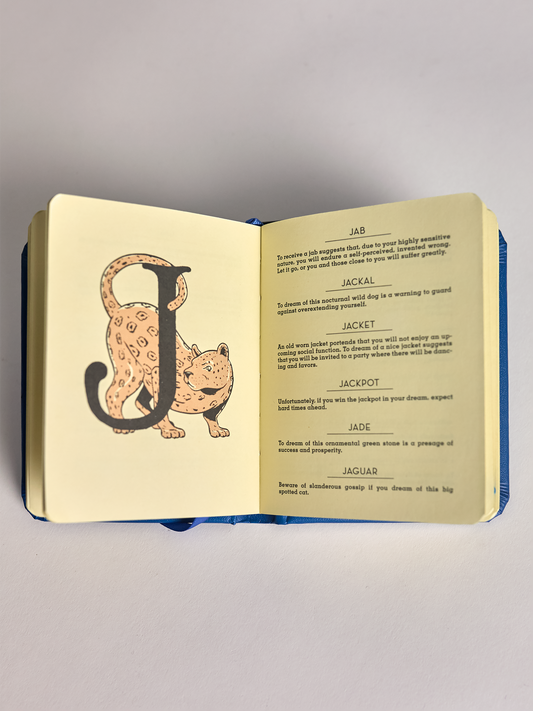 text from 'Fortune-Telling Book of Dreams' with a letter 'J' illustration on a gray background