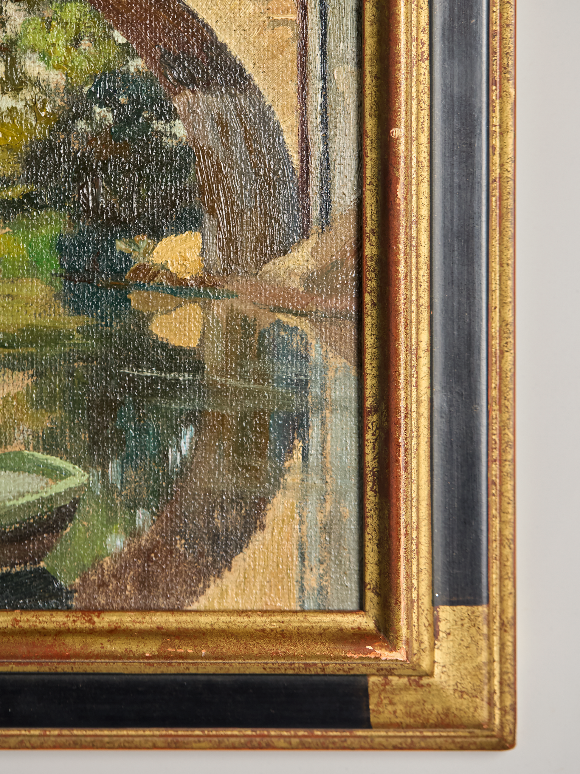 Corner of framed Vintage French Bridge Painting