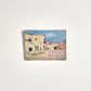 Vintage French Pink Houses Landscape Painting view from afar on white background