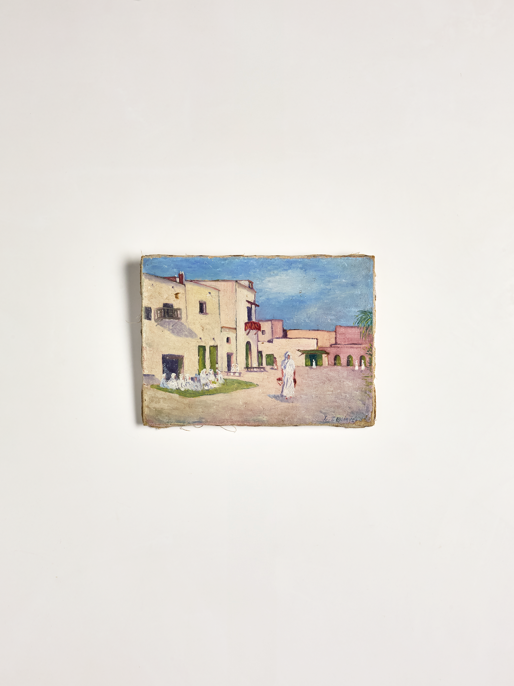 Vintage French Pink Houses Landscape Painting