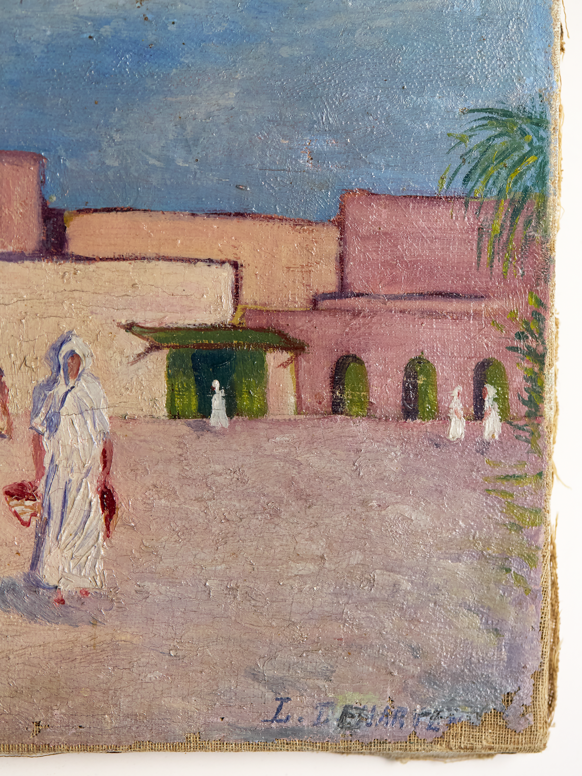 Artist signature on Vintage French Pink Houses Landscape Painting