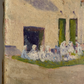 Close up of Vintage French Pink Houses Landscape Painting