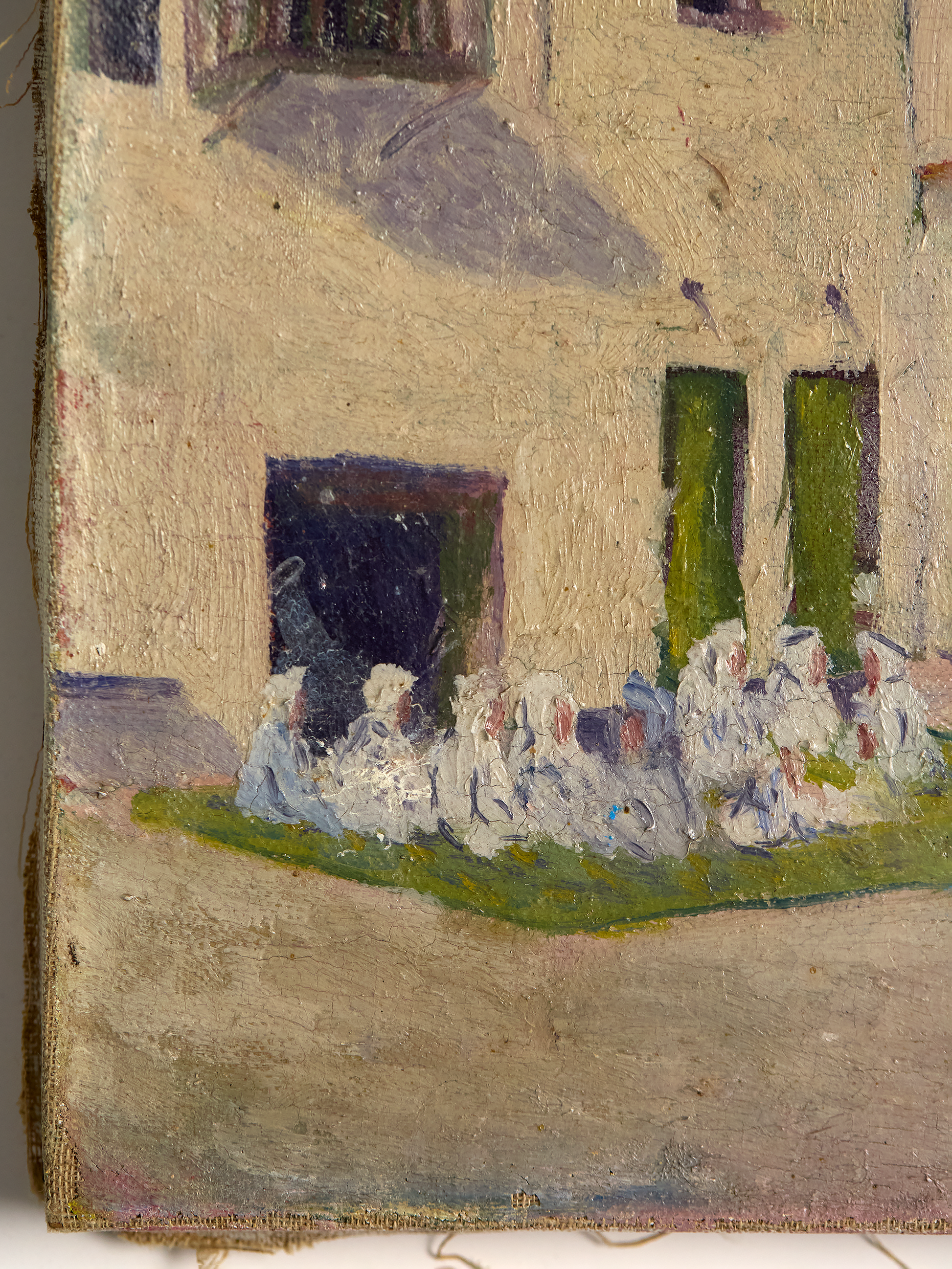 Close up of Vintage French Pink Houses Landscape Painting