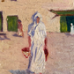 Details of people in Vintage French Pink Houses Landscape Painting