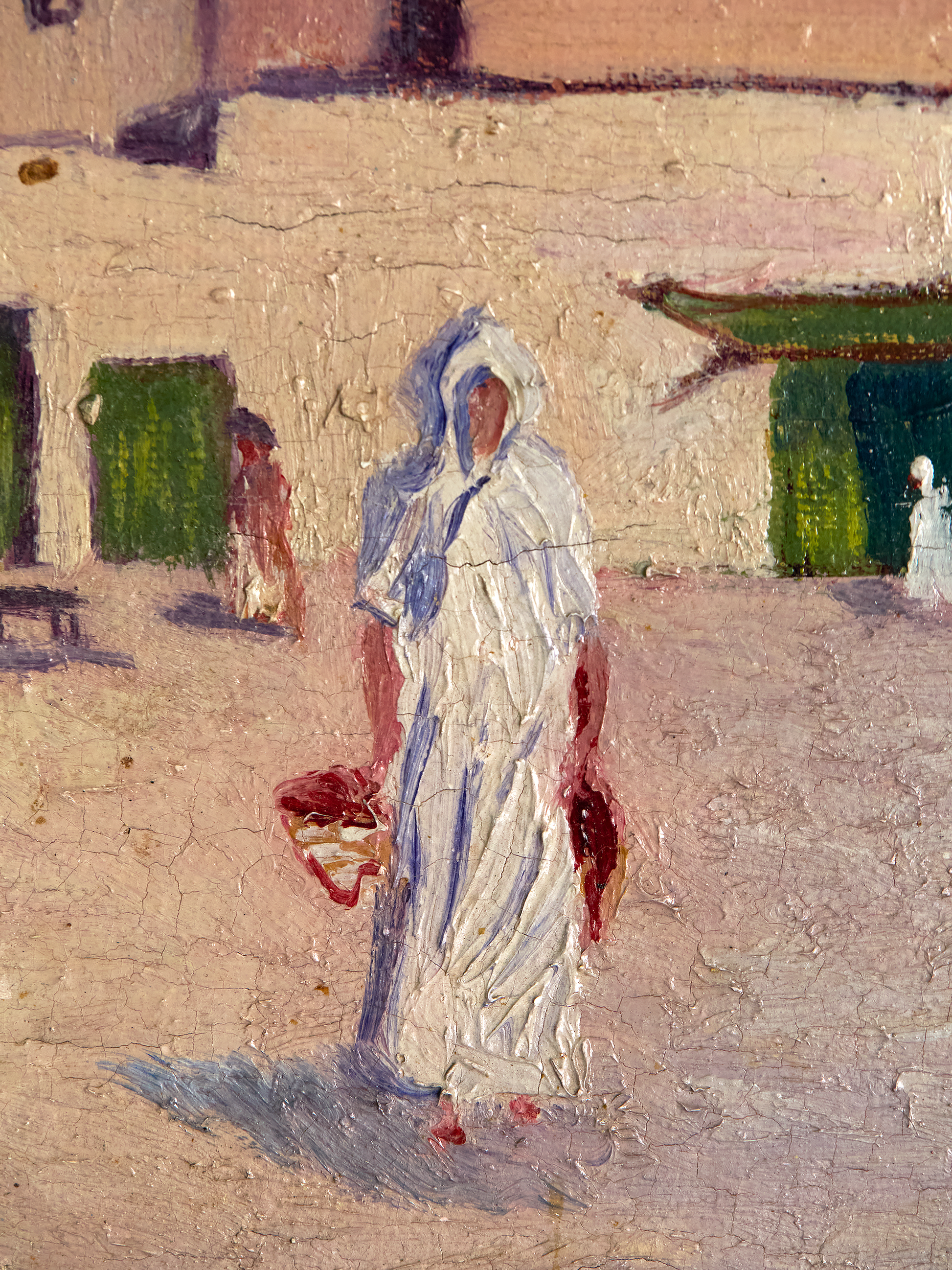Details of people in Vintage French Pink Houses Landscape Painting