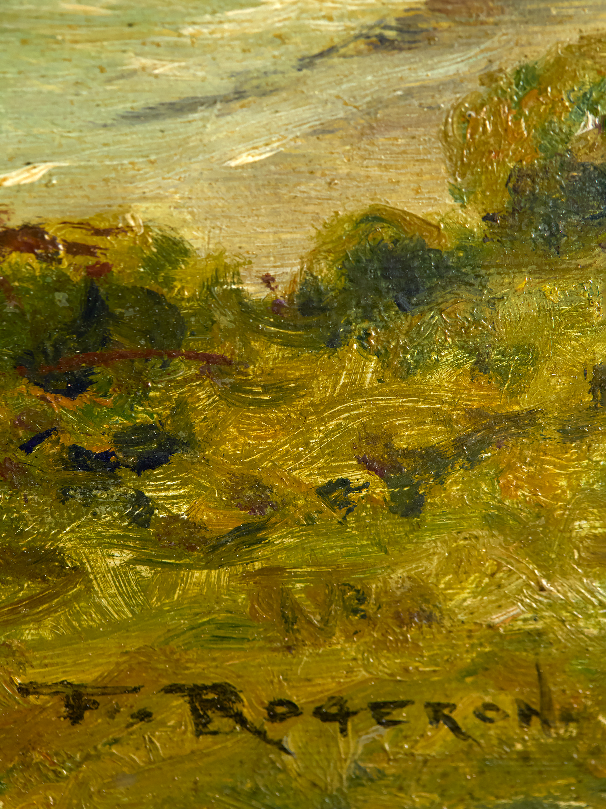 Close up of artist signature Vintage French Sea Arch Painting