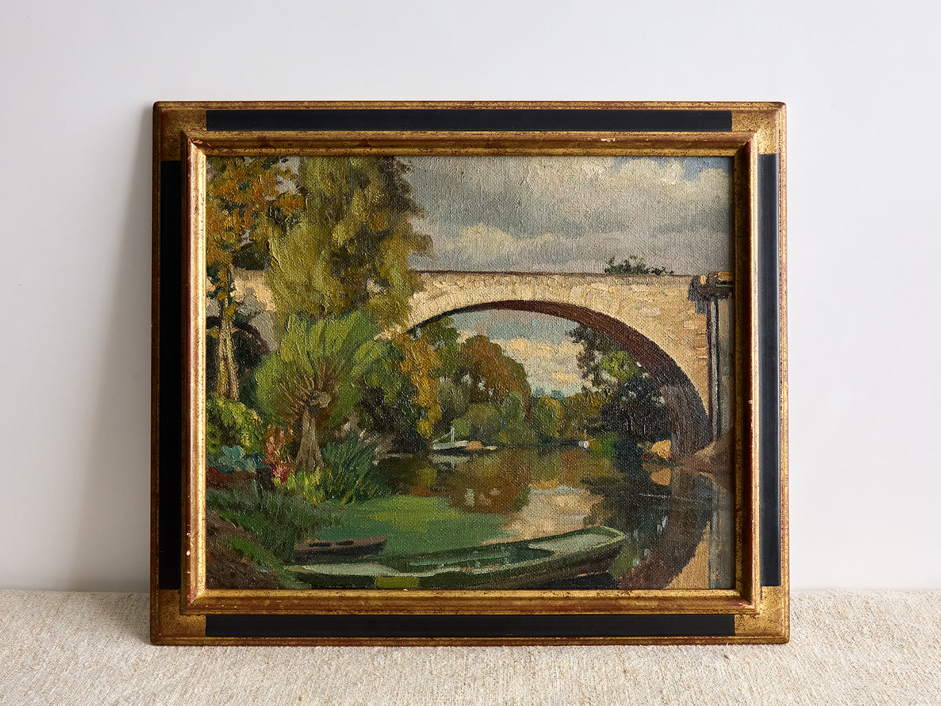 Vintage French Bridge Painting on white background on top of fabric