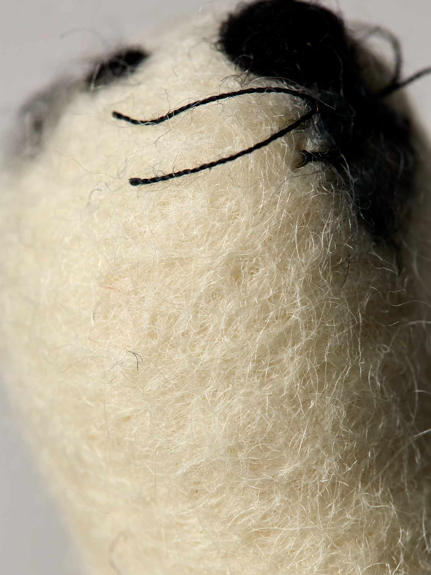 Close-up of a textured white finger puppet with black thread for whiskers.