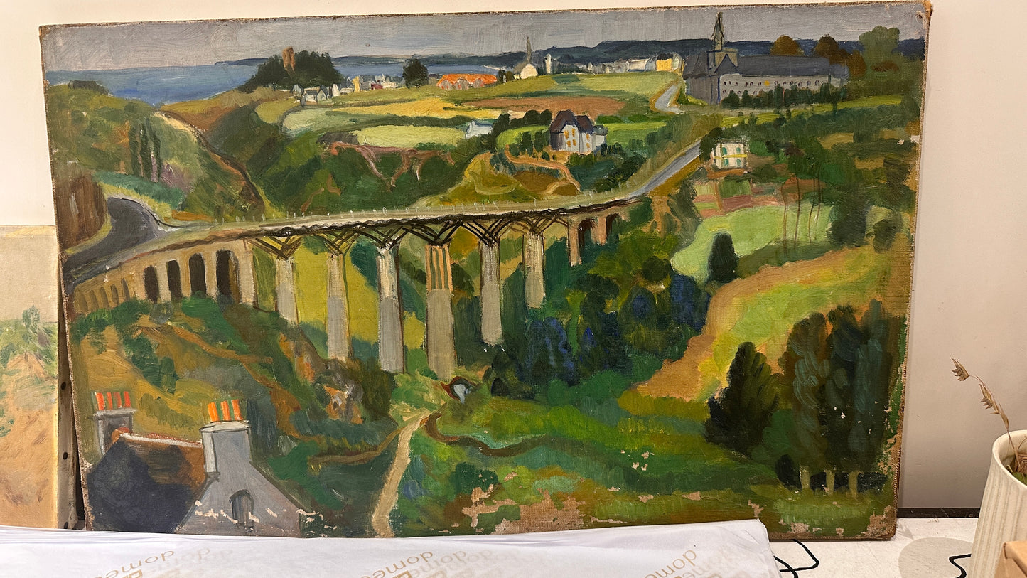 Vintage French Village with Bridge Painting