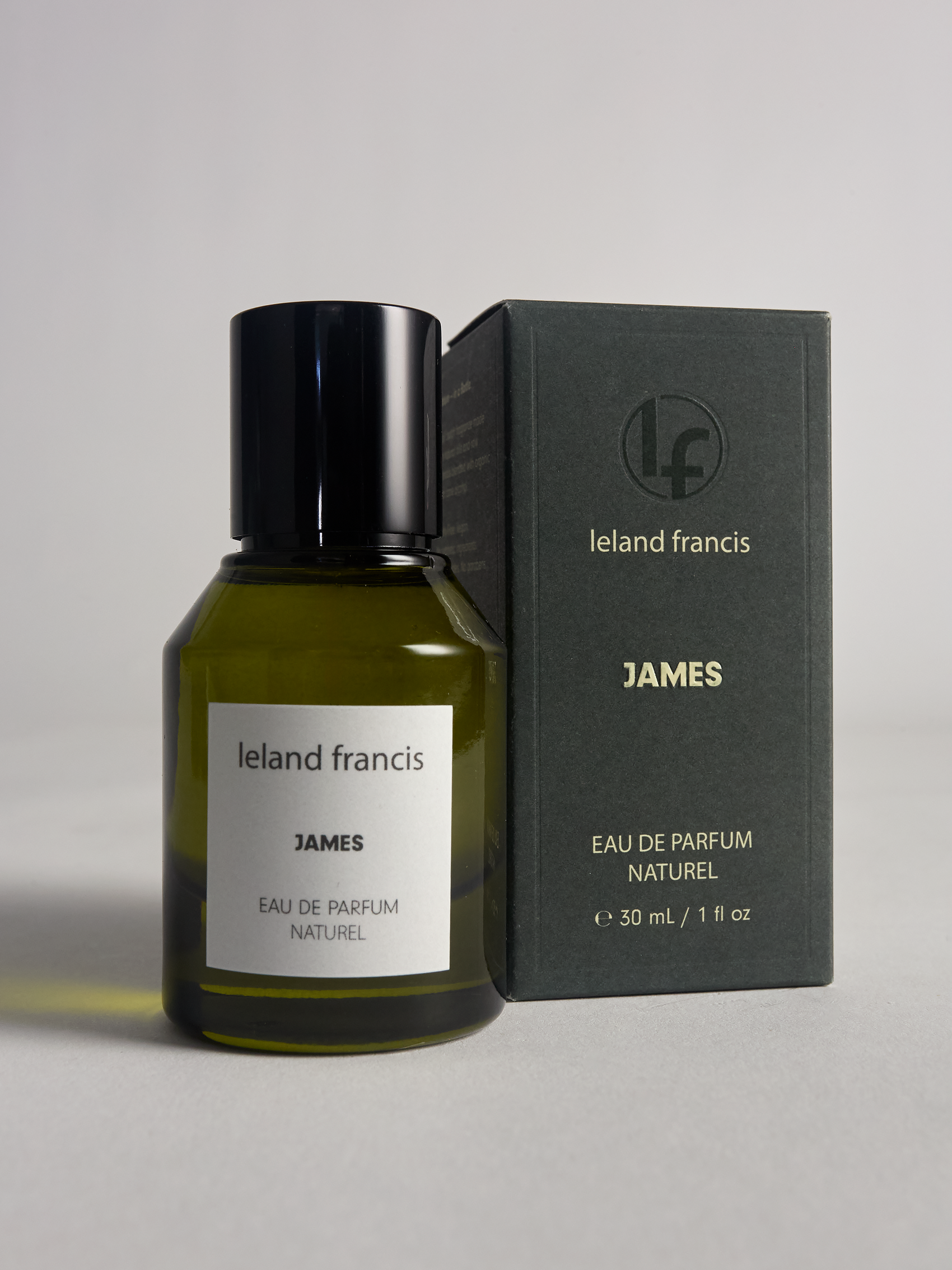 Ieland Francis James eau de parfum bottle and packaging on a light gray background