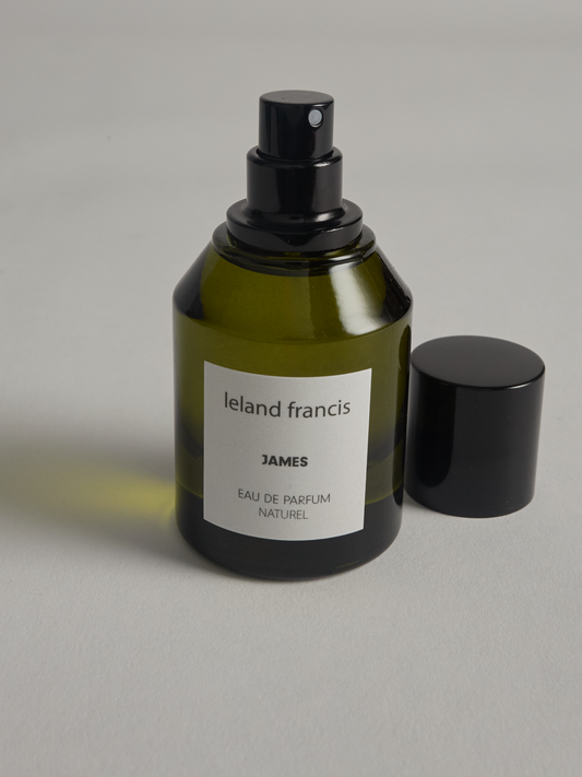 Green Leland Francis perfume bottle with black cap on a gray background