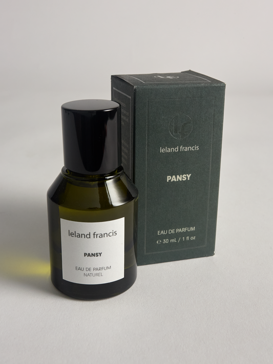 Ieland Francis Pansy eau de parfum bottle and packaging on a gray background