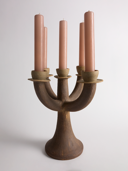 Martha Day ceramic candelabra with five pink candles on a light gray background full image 2.