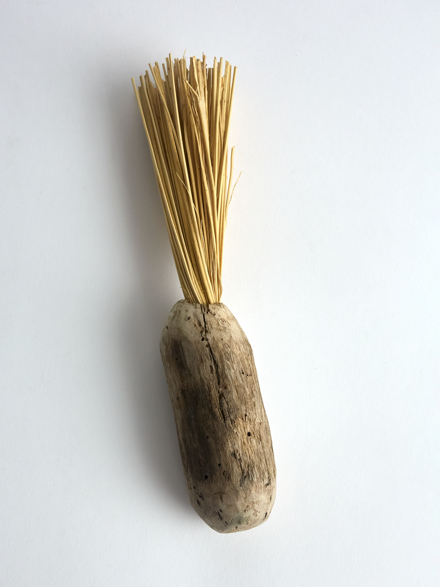 Hand carved found driftwood brush with broom corn bristle on a white background.