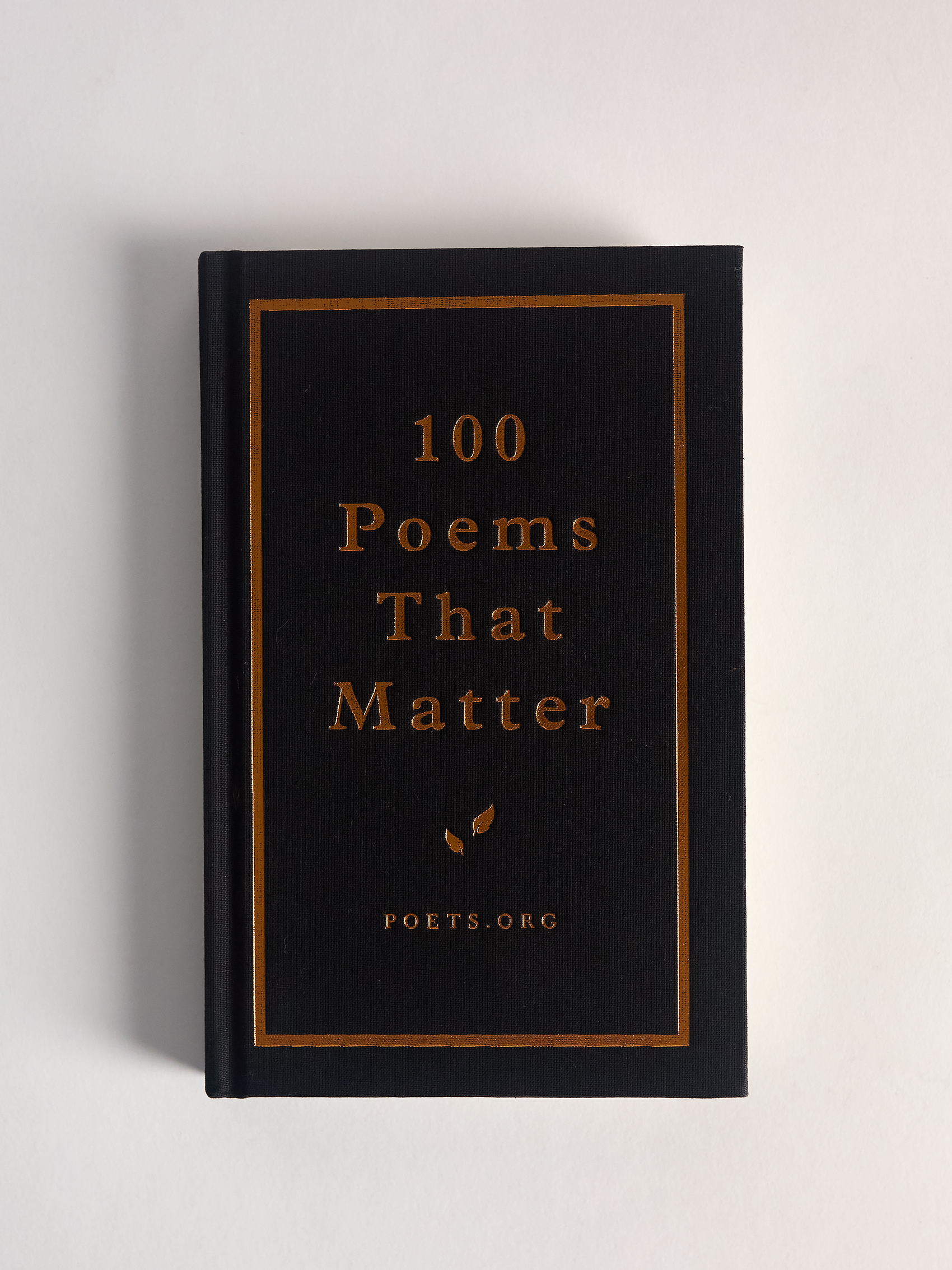 Book titled '100 Poems That Matter' with gold text on a black cover against a light gray background