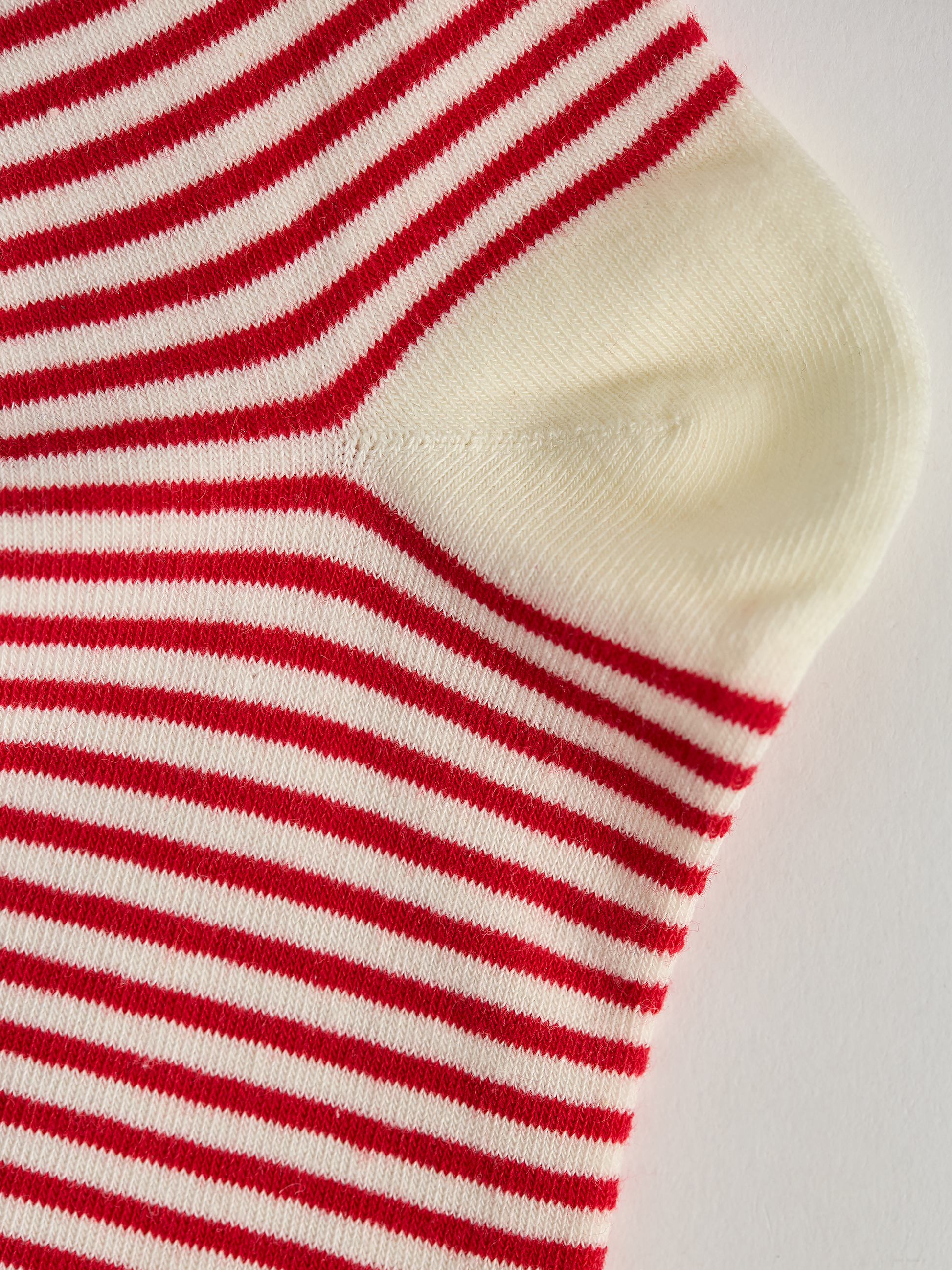 Close-up of striped sock heel with red and white stripes on a light gray background.